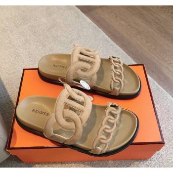 Hermes Extra Chain Flat Slide Sandals in Suede Light Brown 2024 0815 (XC-240815028)