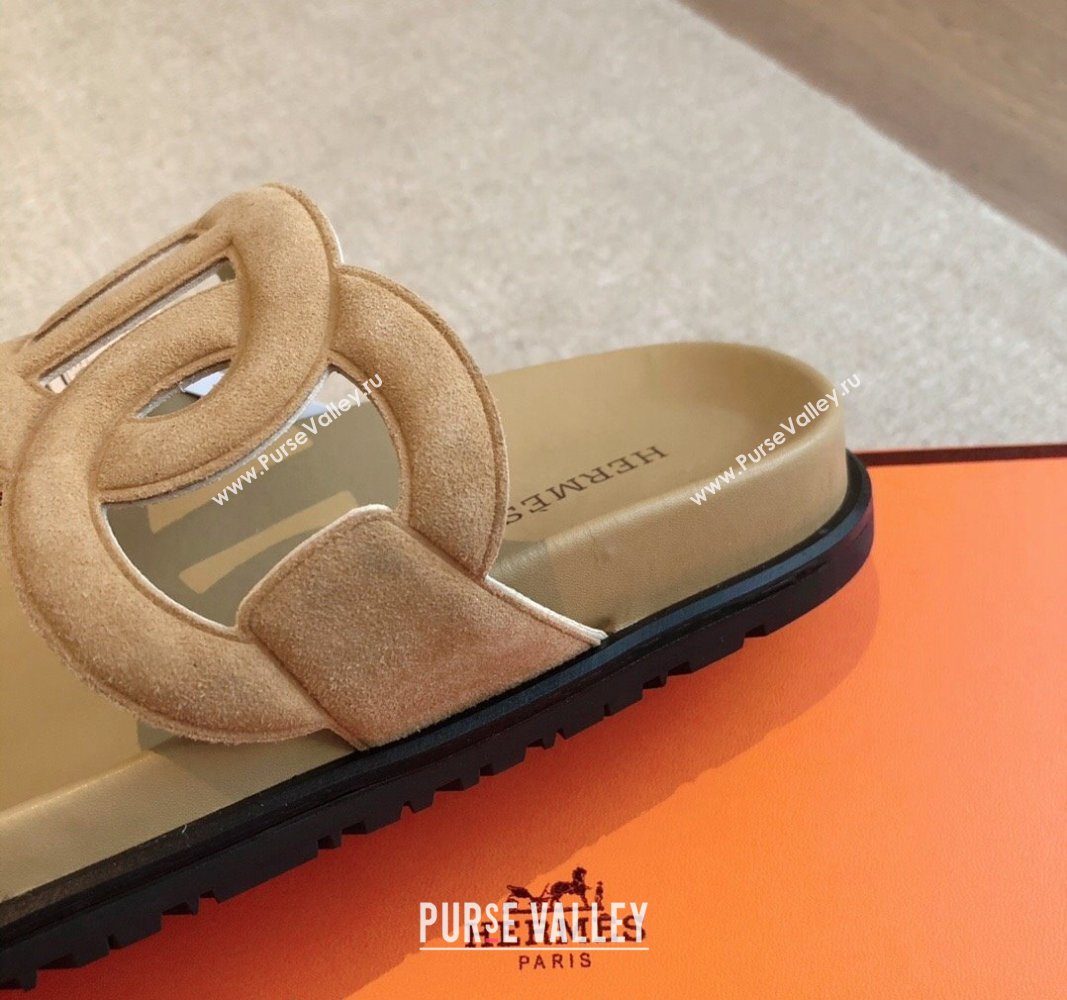 Hermes Extra Chain Flat Slide Sandals in Suede Light Brown 2024 0815 (XC-240815028)