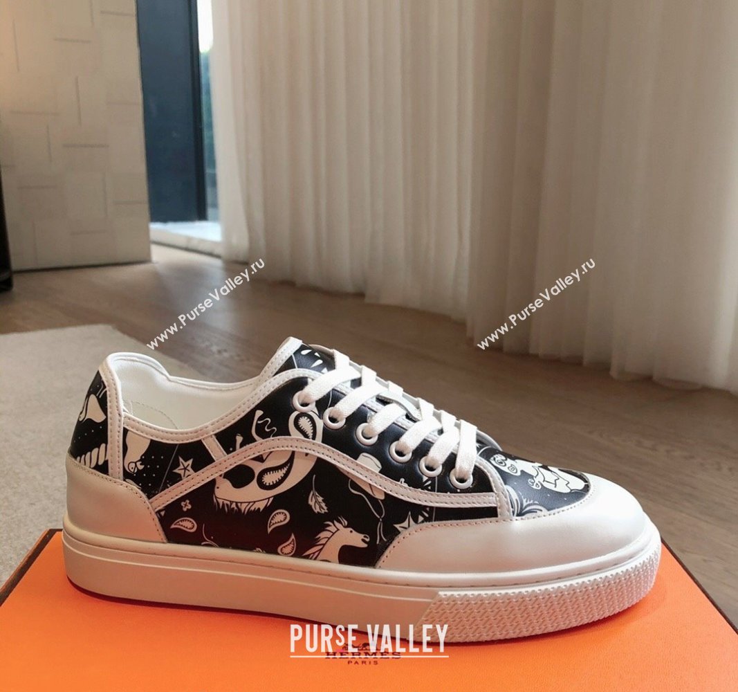 Hermes Get Low-top Sneakers in Printed Calfskin White/Black 2024 0815 (XC-240815003)