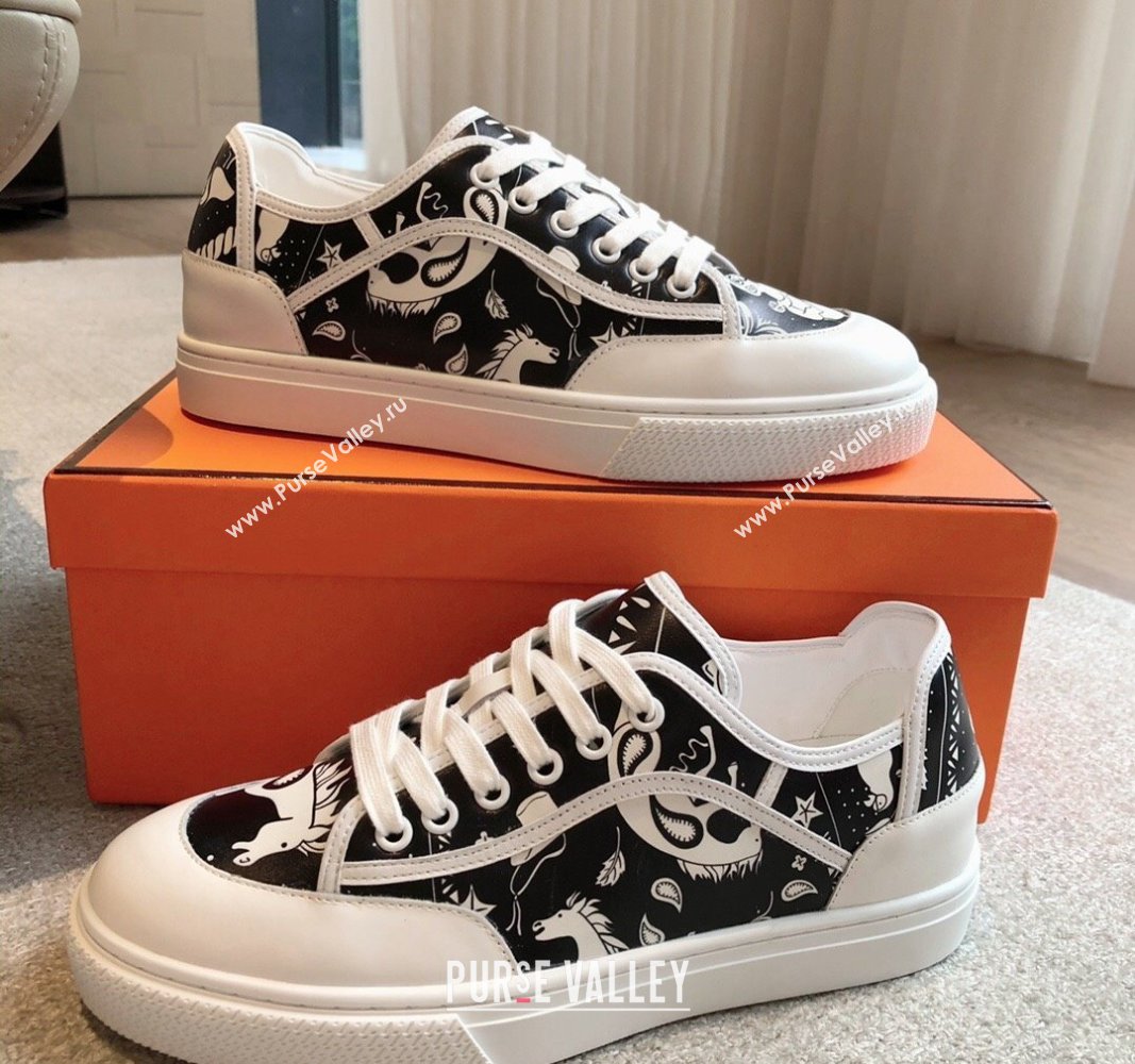 Hermes Get Low-top Sneakers in Printed Calfskin White/Black 2024 0815 (XC-240815003)