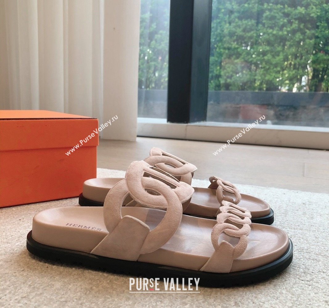 Hermes Extra Chain Flat Slide Sandals in Suede Pale Pink 2024 0815 (XC-240815030)