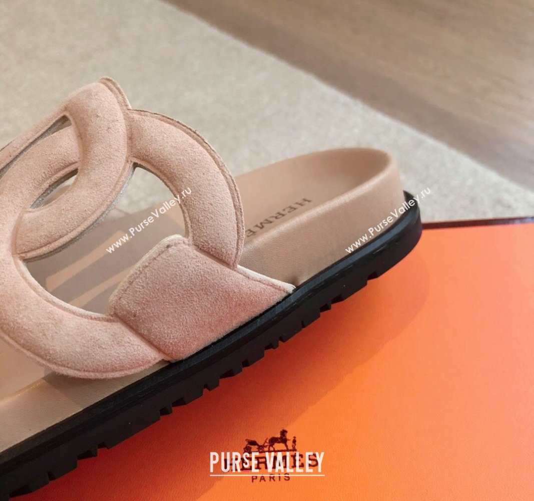 Hermes Extra Chain Flat Slide Sandals in Suede Pale Pink 2024 0815 (XC-240815030)