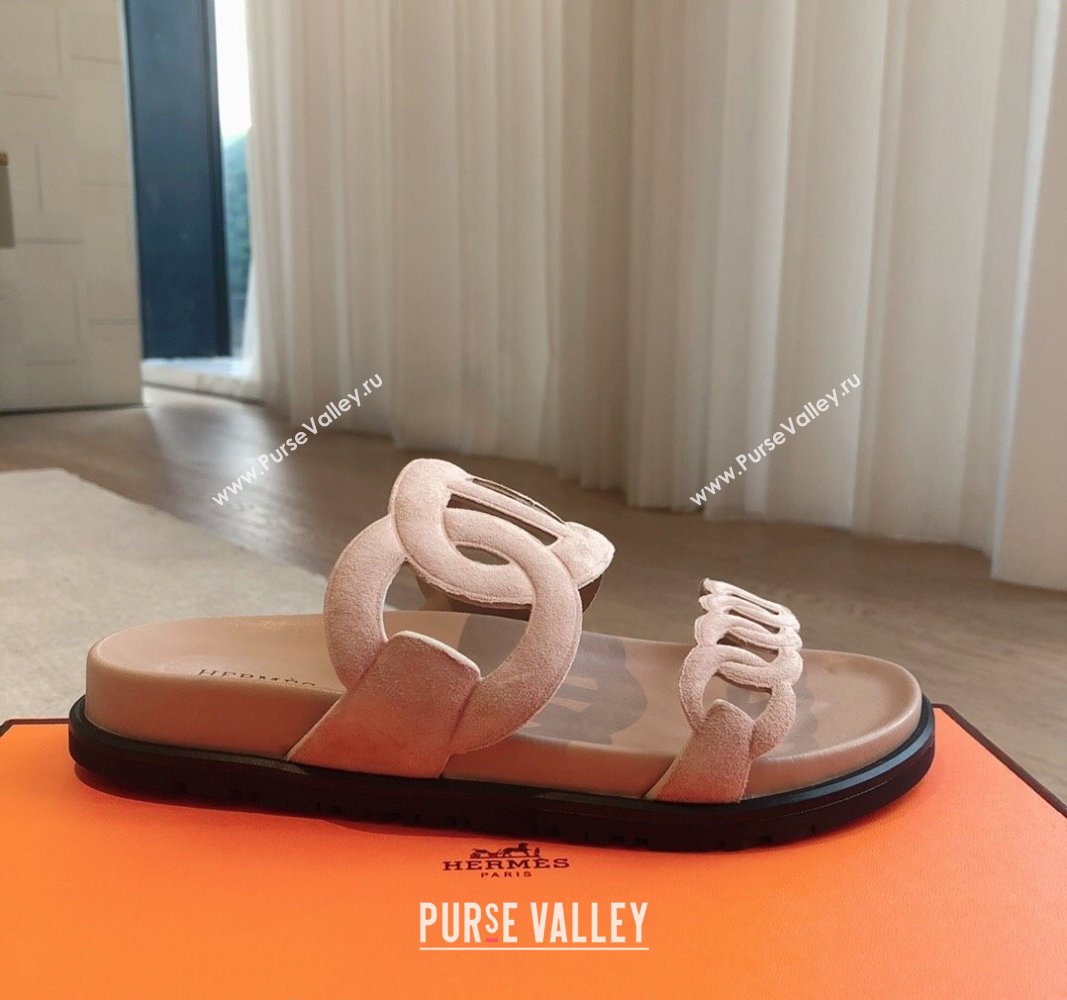 Hermes Extra Chain Flat Slide Sandals in Suede Pale Pink 2024 0815 (XC-240815030)