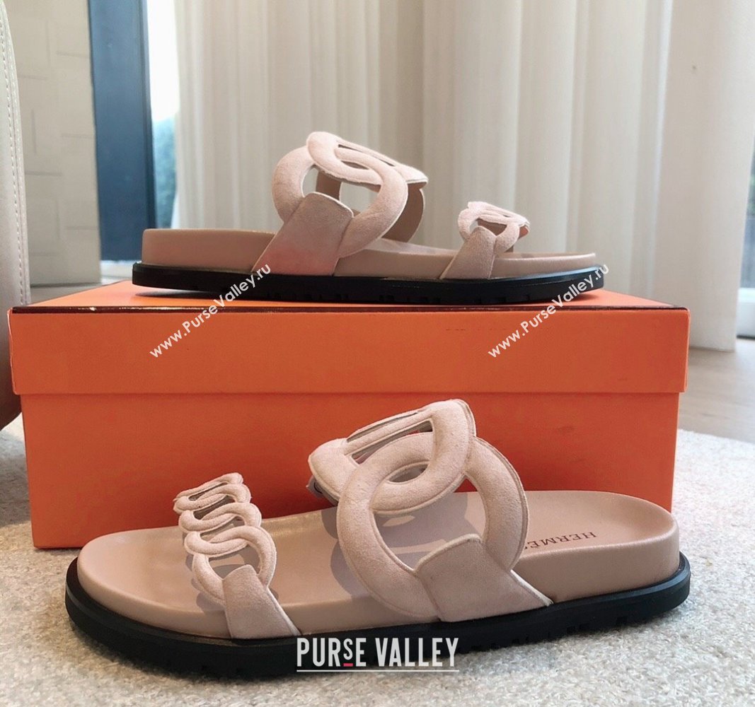 Hermes Extra Chain Flat Slide Sandals in Suede Pale Pink 2024 0815 (XC-240815030)