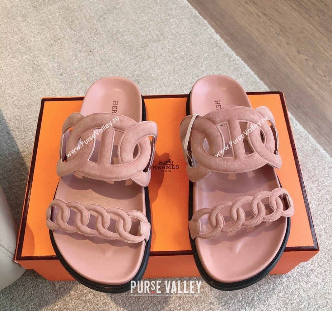 Hermes Extra Chain Flat Slide Sandals in Suede Light Pink 2024 0815 (XC-240815031)