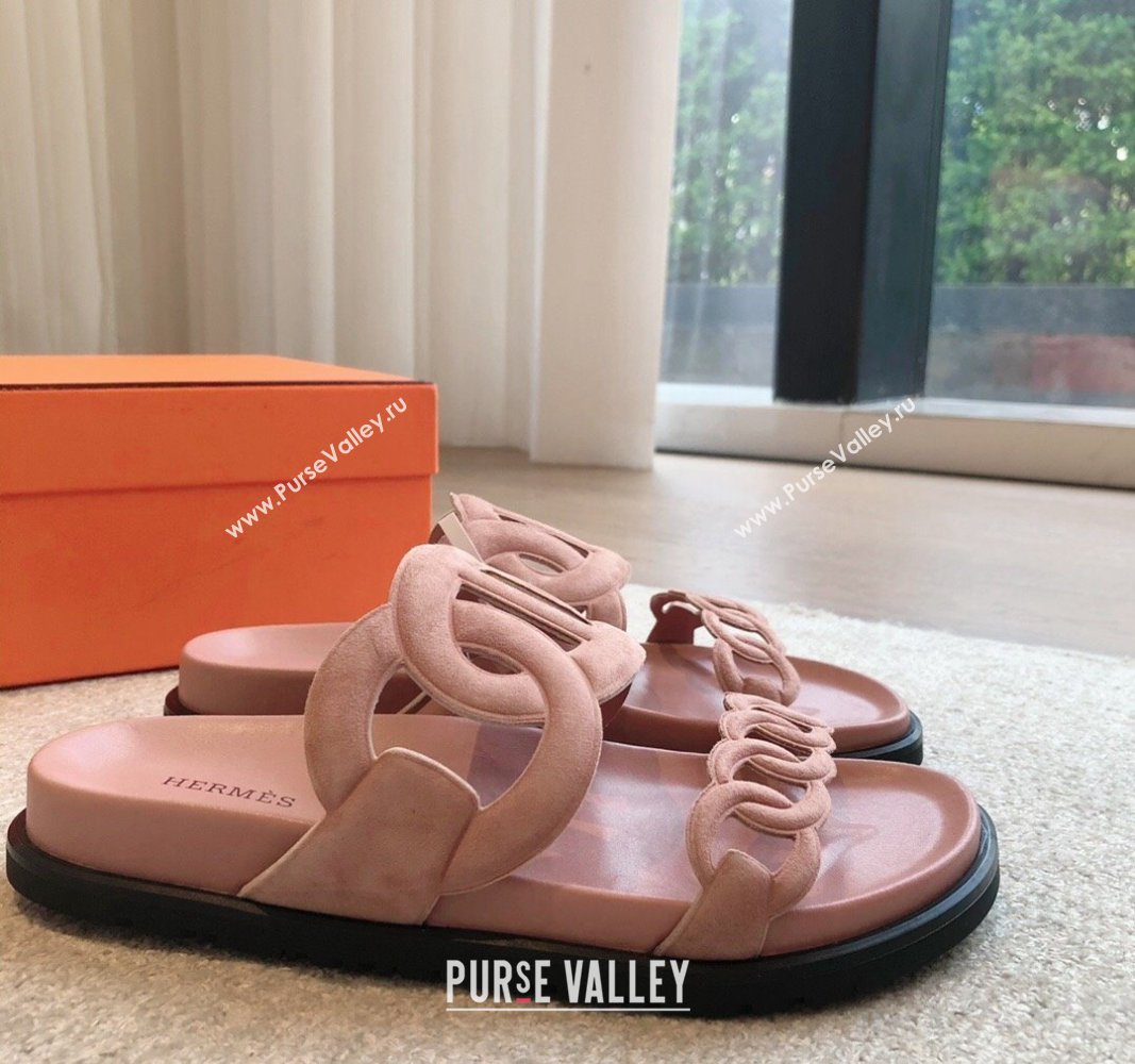 Hermes Extra Chain Flat Slide Sandals in Suede Light Pink 2024 0815 (XC-240815031)