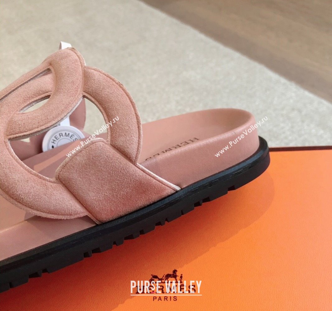 Hermes Extra Chain Flat Slide Sandals in Suede Light Pink 2024 0815 (XC-240815031)