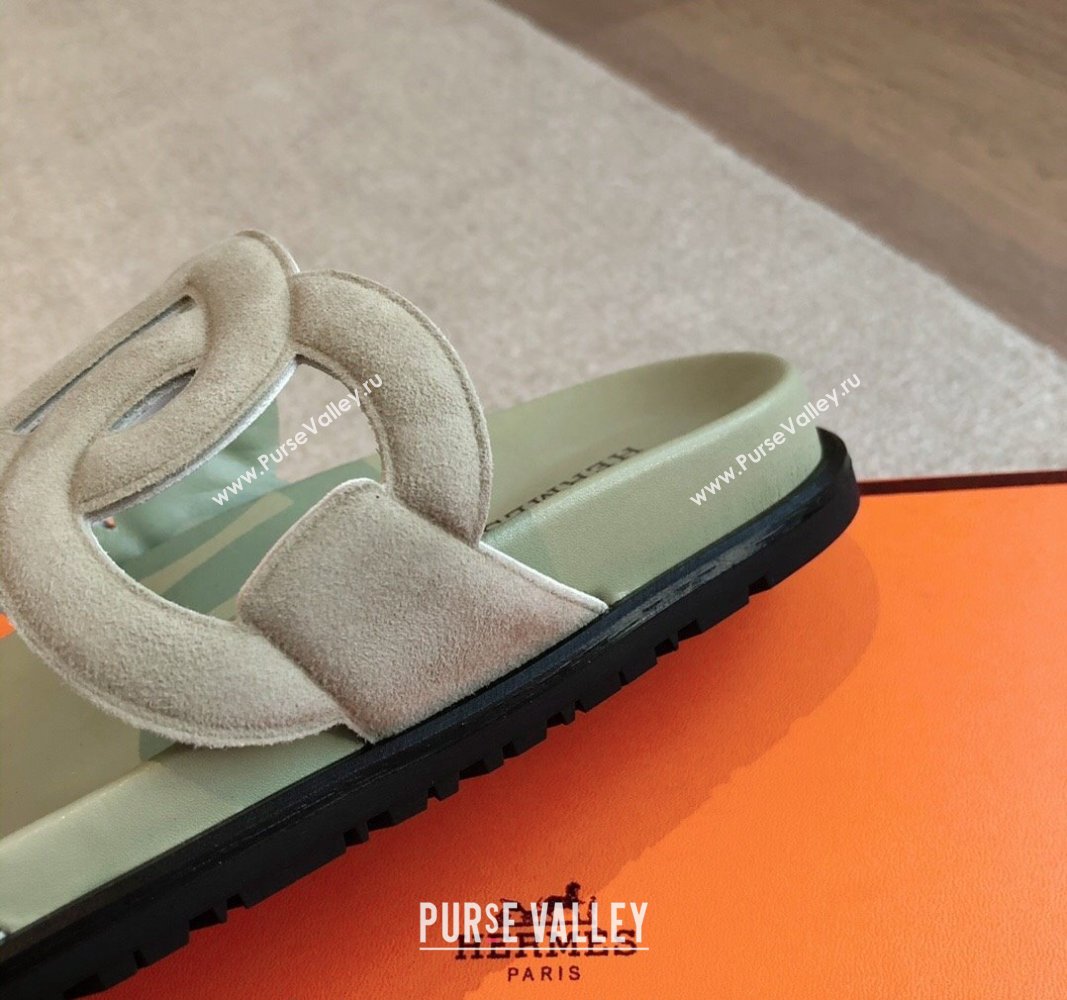 Hermes Extra Chain Flat Slide Sandals in Suede Light Green 2024 0815 (XC-240815032)