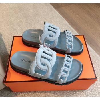 Hermes Extra Chain Flat Slide Sandals in Suede Light Blue 2024 0815 (XC-240815033)