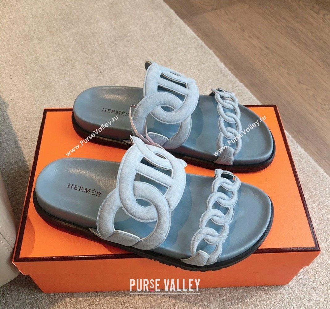 Hermes Extra Chain Flat Slide Sandals in Suede Light Blue 2024 0815 (XC-240815033)