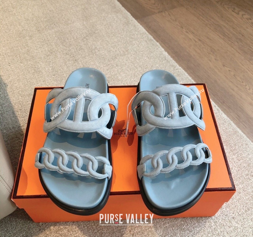 Hermes Extra Chain Flat Slide Sandals in Suede Light Blue 2024 0815 (XC-240815033)