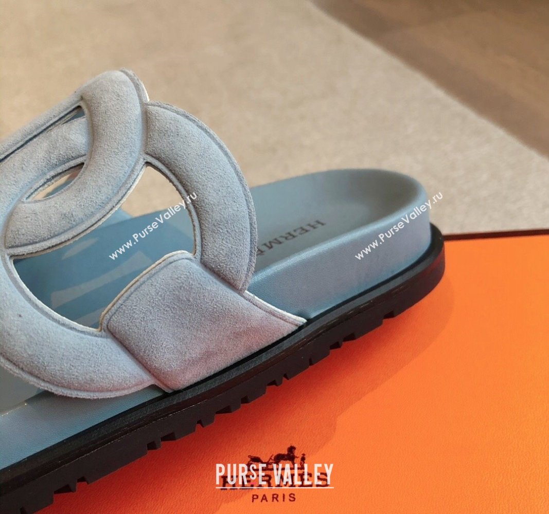 Hermes Extra Chain Flat Slide Sandals in Suede Light Blue 2024 0815 (XC-240815033)