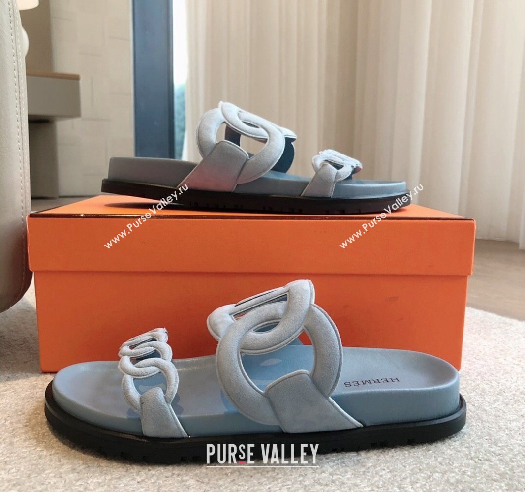 Hermes Extra Chain Flat Slide Sandals in Suede Light Blue 2024 0815 (XC-240815033)