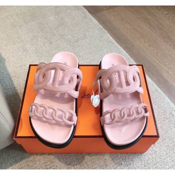 Hermes Extra Chain Flat Slide Sandals in Suede Pink Upper 2024 0815 (XC-240815035)