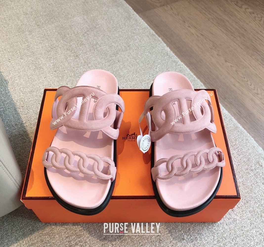 Hermes Extra Chain Flat Slide Sandals in Suede Pink Upper 2024 0815 (XC-240815035)