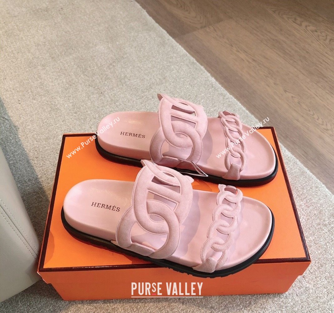 Hermes Extra Chain Flat Slide Sandals in Suede Pink Upper 2024 0815 (XC-240815035)