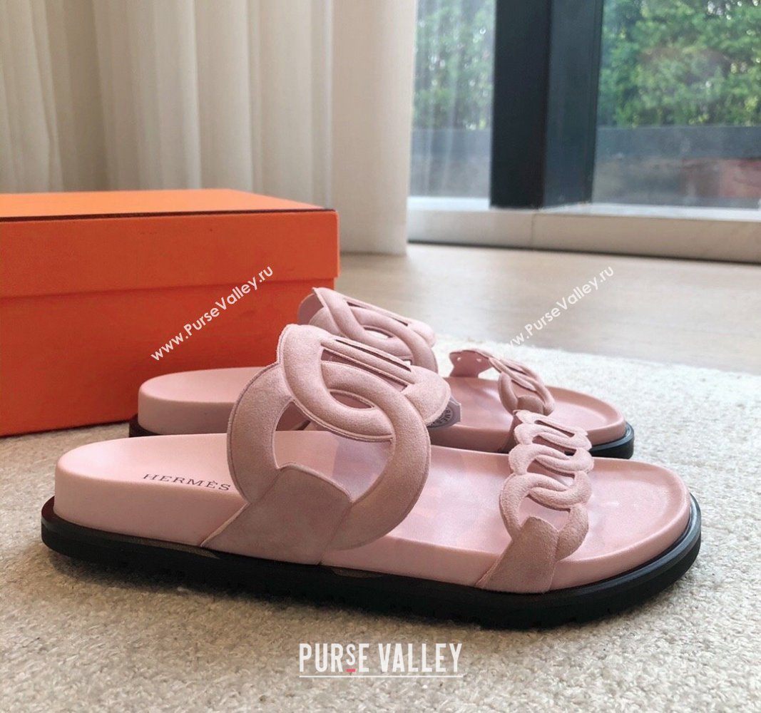 Hermes Extra Chain Flat Slide Sandals in Suede Pink Upper 2024 0815 (XC-240815035)