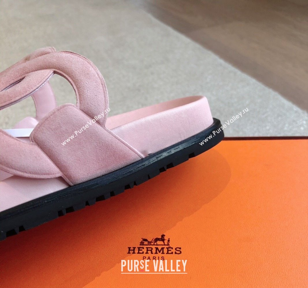 Hermes Extra Chain Flat Slide Sandals in Suede Pink Upper 2024 0815 (XC-240815035)