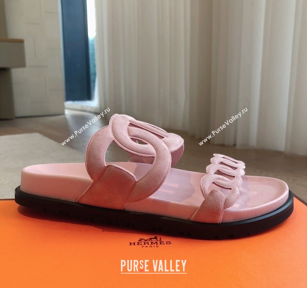 Hermes Extra Chain Flat Slide Sandals in Suede Pink Upper 2024 0815 (XC-240815035)