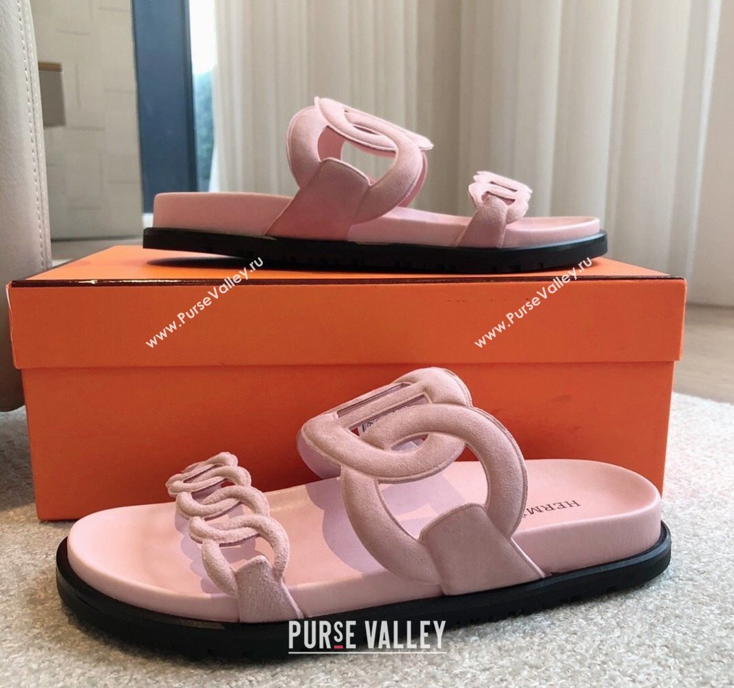 Hermes Extra Chain Flat Slide Sandals in Suede Pink Upper 2024 0815 (XC-240815035)