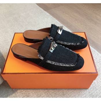 Hermes Oz Flat Mules in Fringe Denim Black 2024 0815 (XC-240815038)