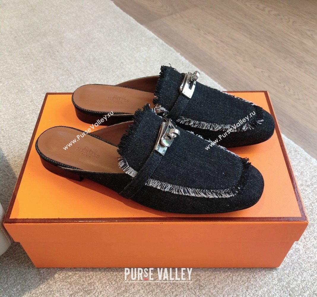 Hermes Oz Flat Mules in Fringe Denim Black 2024 0815 (XC-240815038)