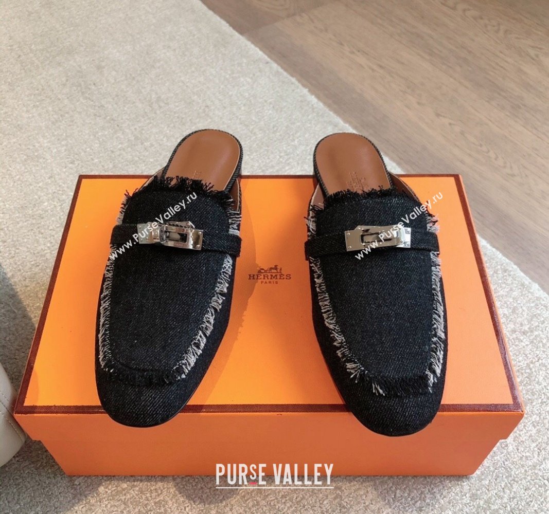 Hermes Oz Flat Mules in Fringe Denim Black 2024 0815 (XC-240815038)