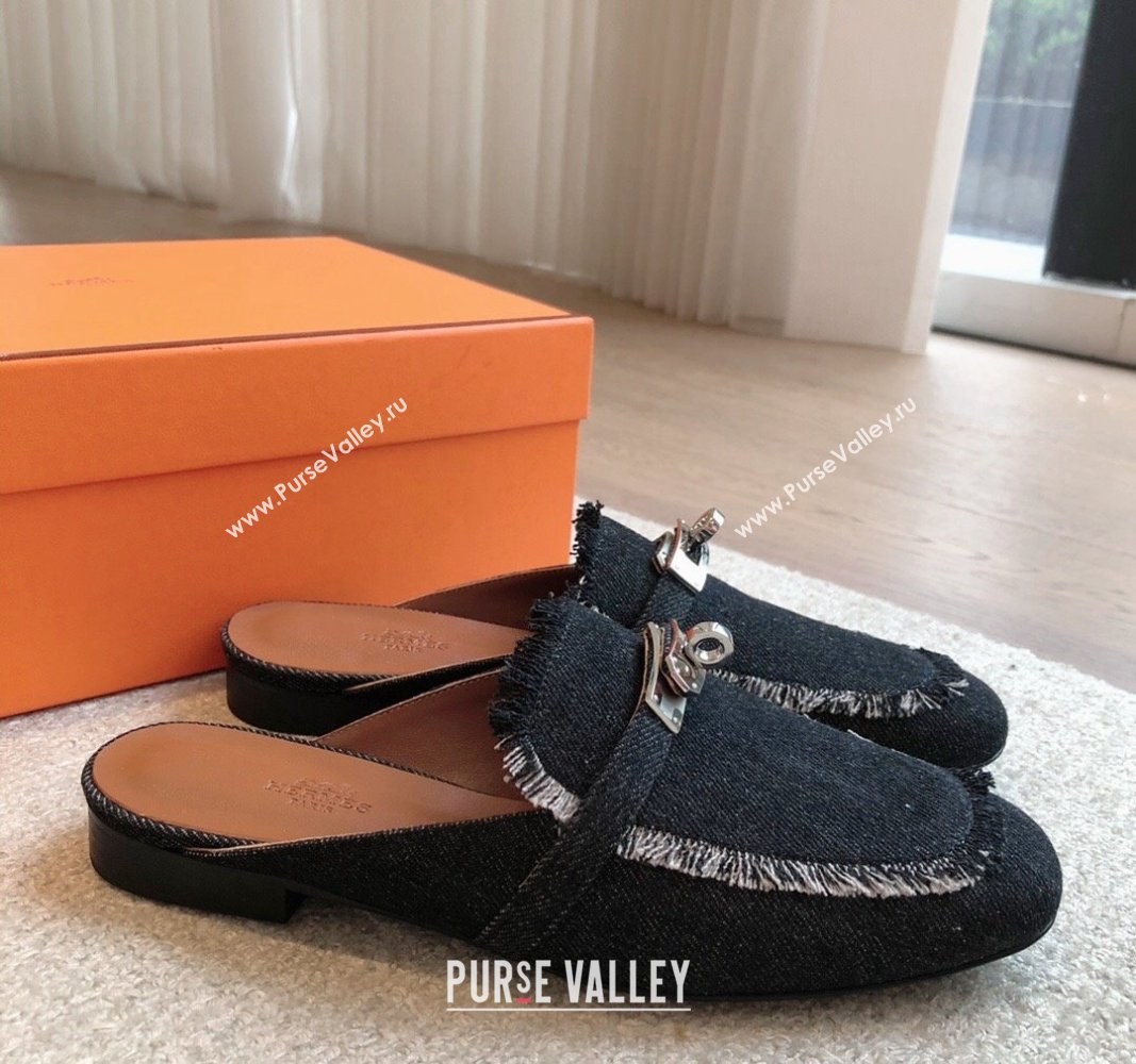 Hermes Oz Flat Mules in Fringe Denim Black 2024 0815 (XC-240815038)