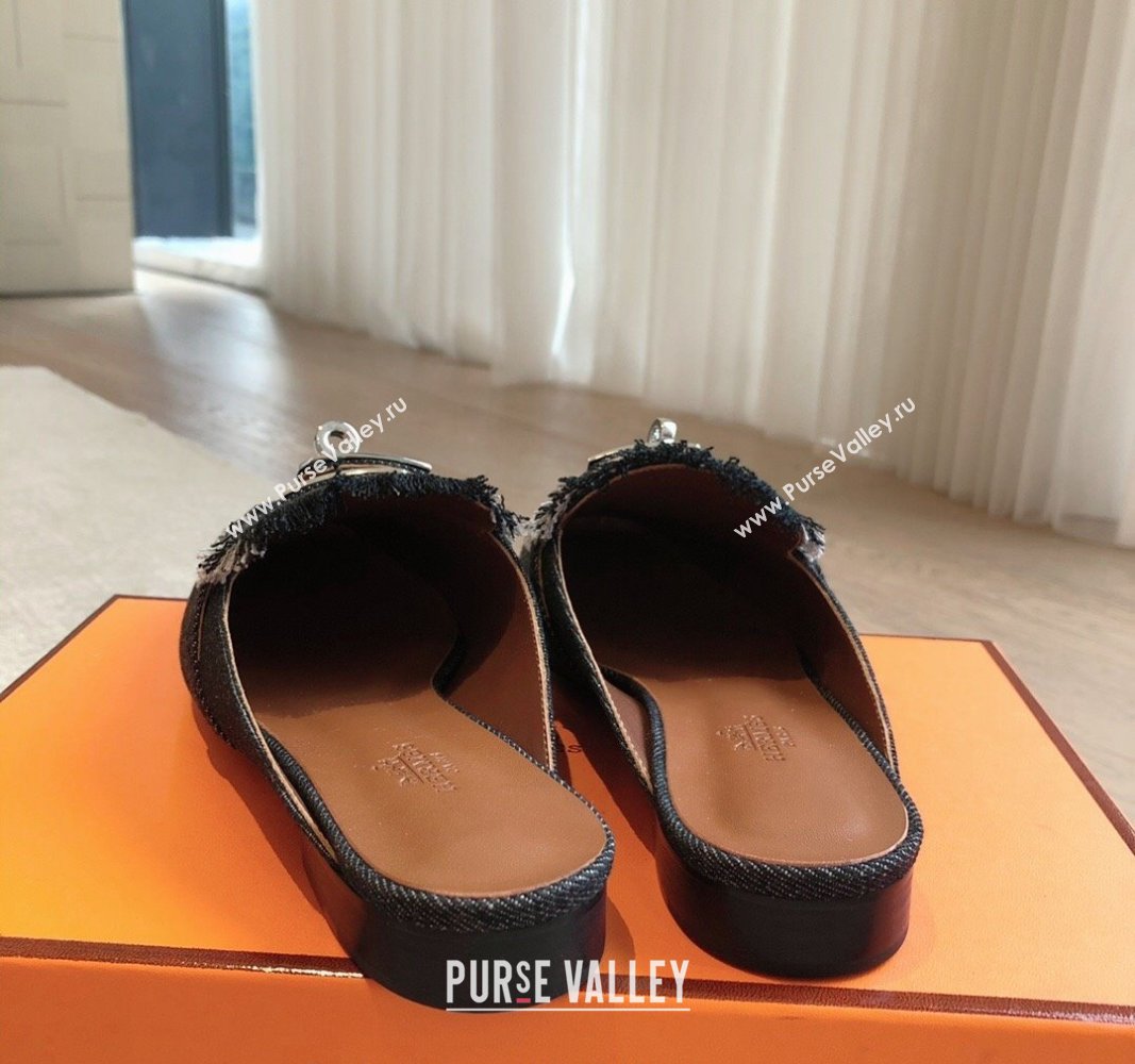 Hermes Oz Flat Mules in Fringe Denim Black 2024 0815 (XC-240815038)