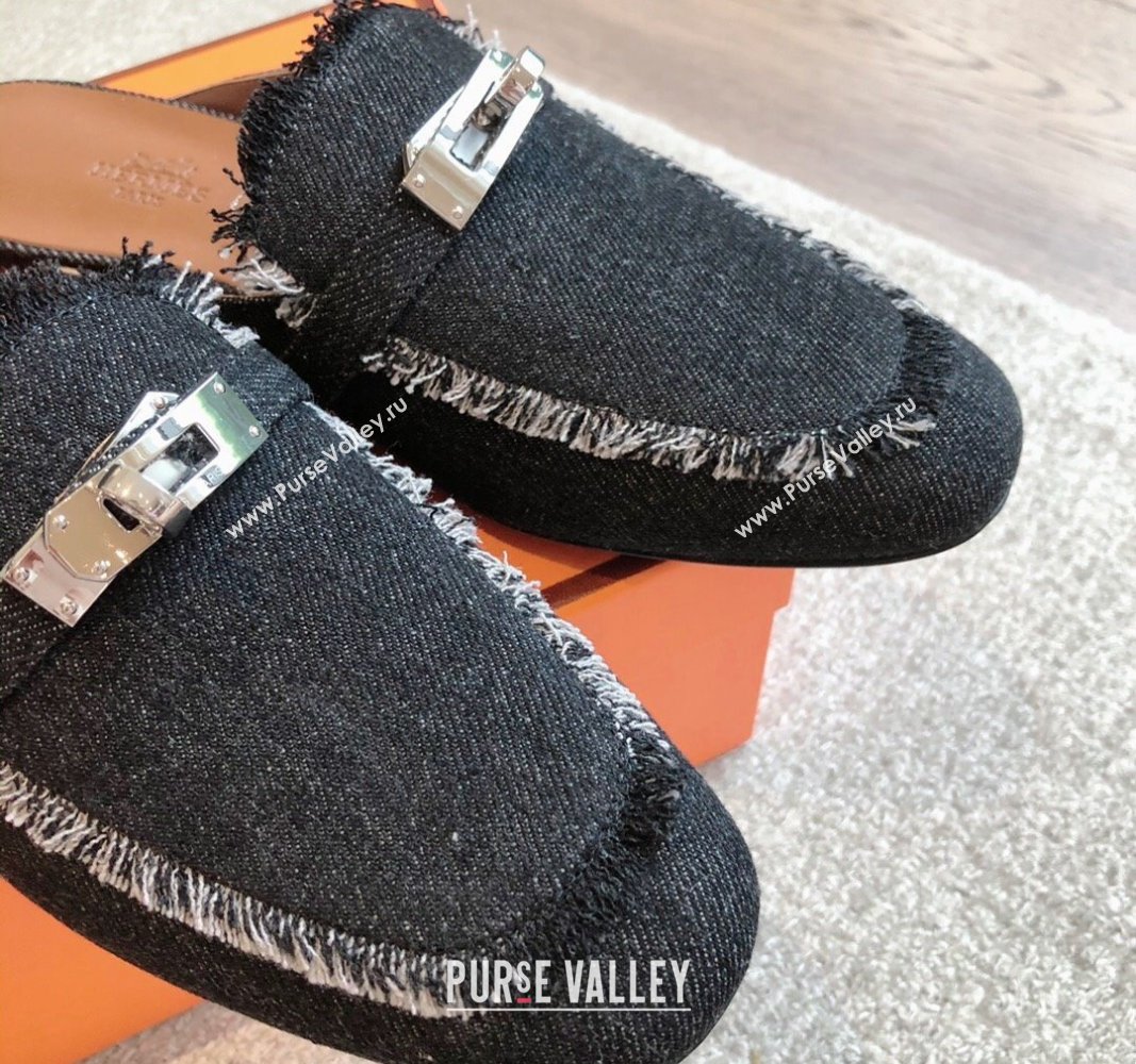 Hermes Oz Flat Mules in Fringe Denim Black 2024 0815 (XC-240815038)