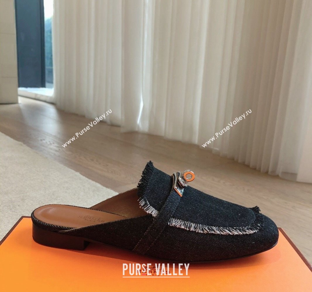 Hermes Oz Flat Mules in Fringe Denim Black 2024 0815 (XC-240815038)