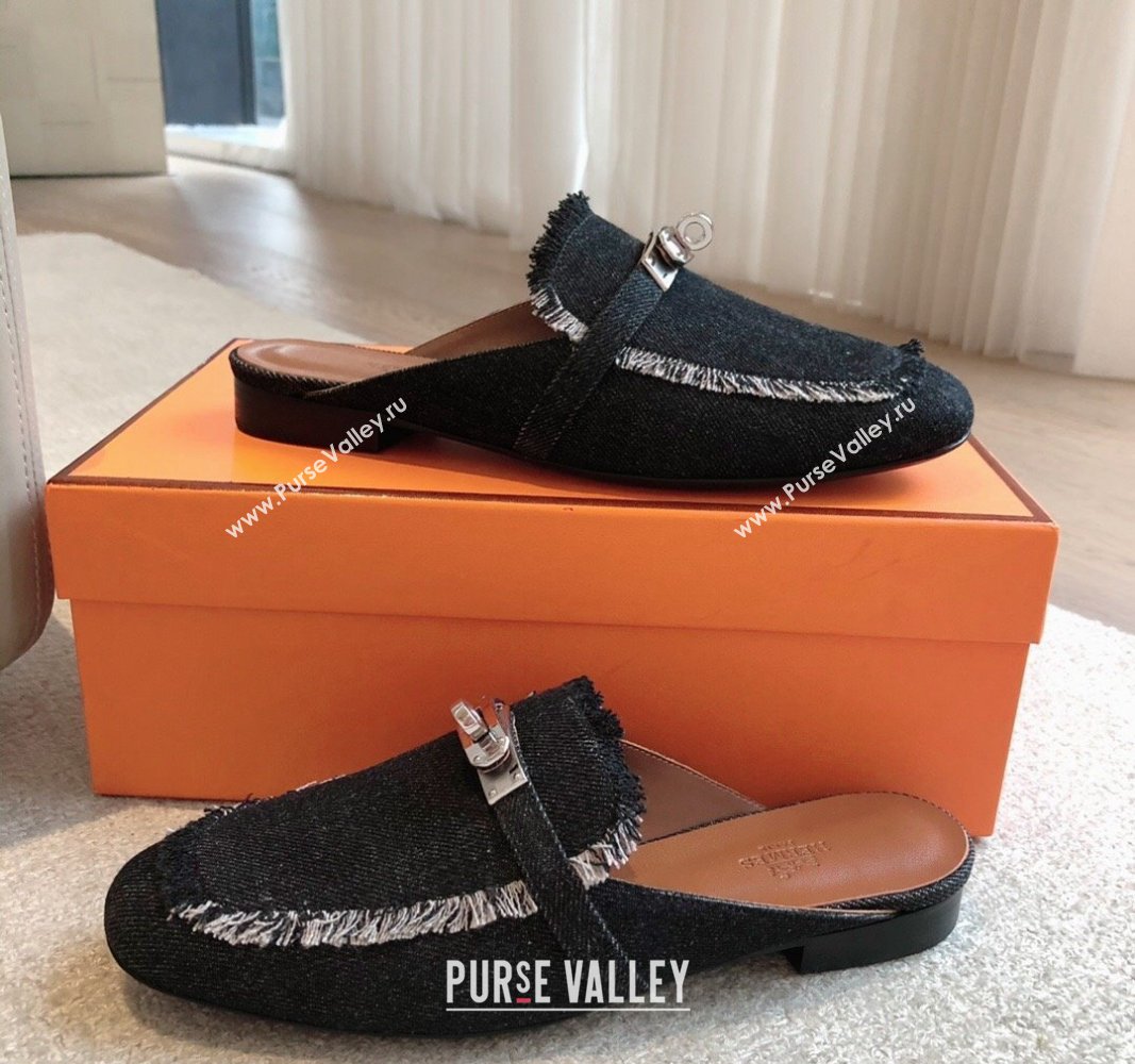 Hermes Oz Flat Mules in Fringe Denim Black 2024 0815 (XC-240815038)