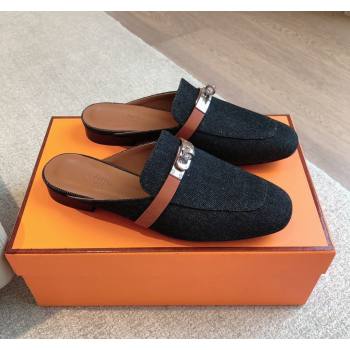 Hermes Oz Flat Mules in Denim Black/Brown 2024 0815 (XC-240815040)