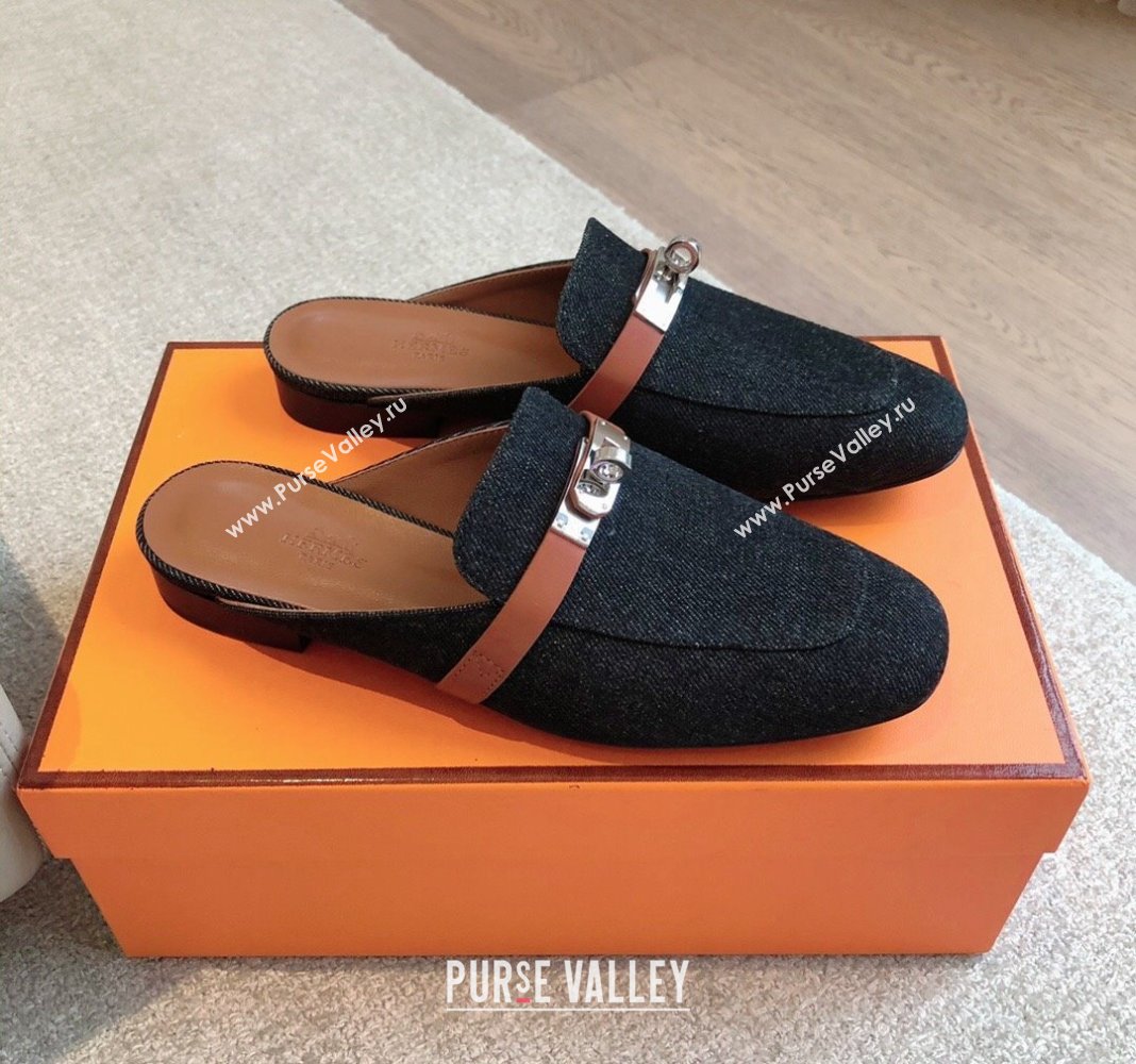 Hermes Oz Flat Mules in Denim Black/Brown 2024 0815 (XC-240815040)