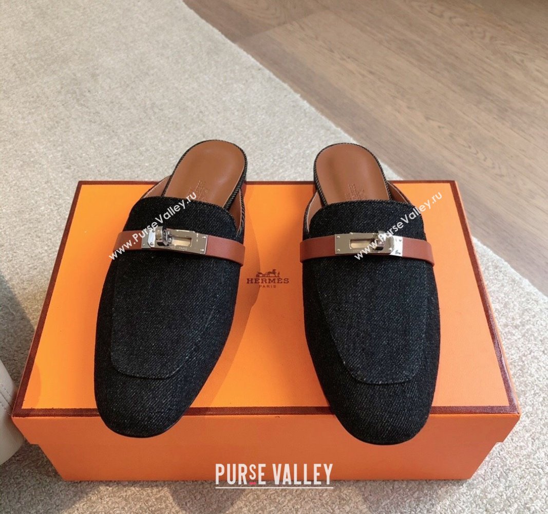 Hermes Oz Flat Mules in Denim Black/Brown 2024 0815 (XC-240815040)