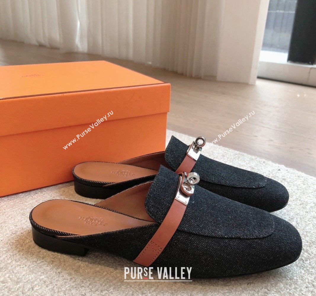 Hermes Oz Flat Mules in Denim Black/Brown 2024 0815 (XC-240815040)