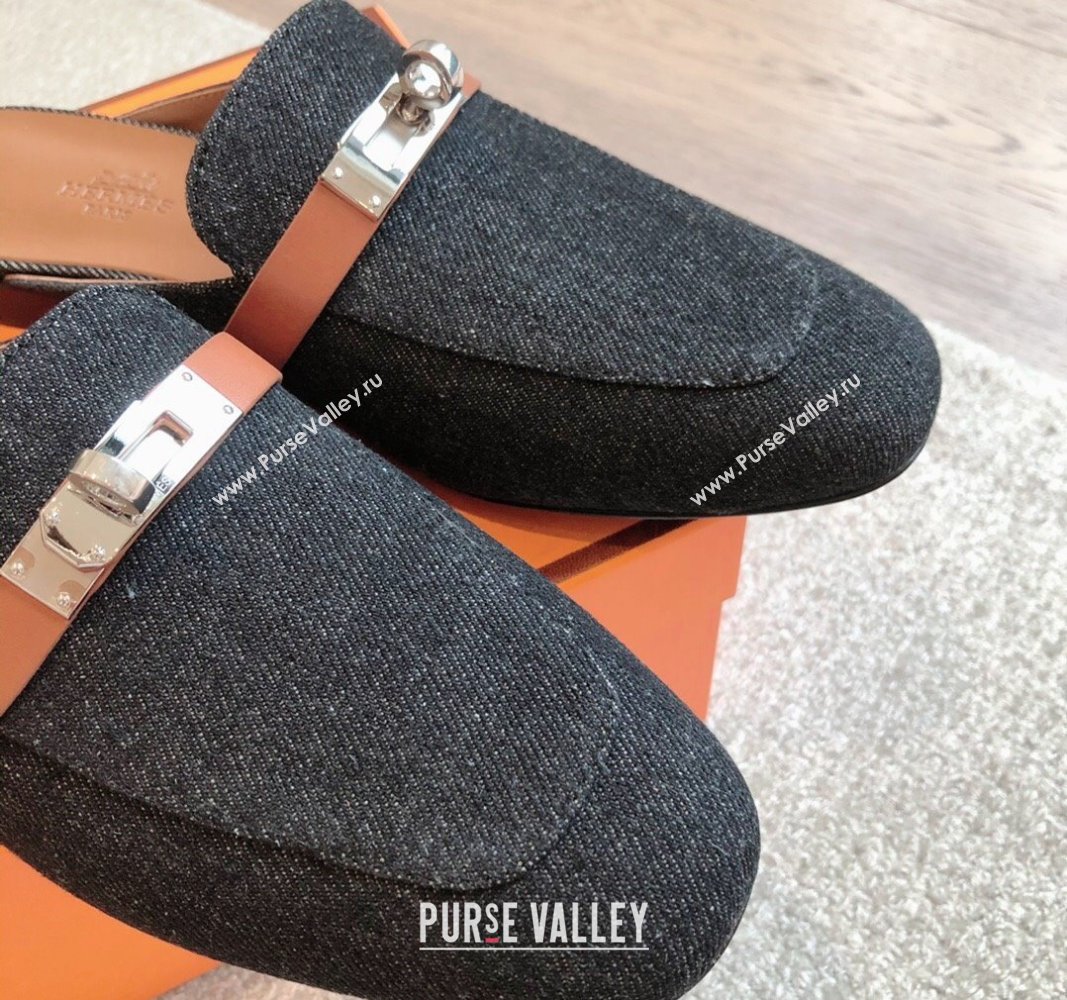 Hermes Oz Flat Mules in Denim Black/Brown 2024 0815 (XC-240815040)