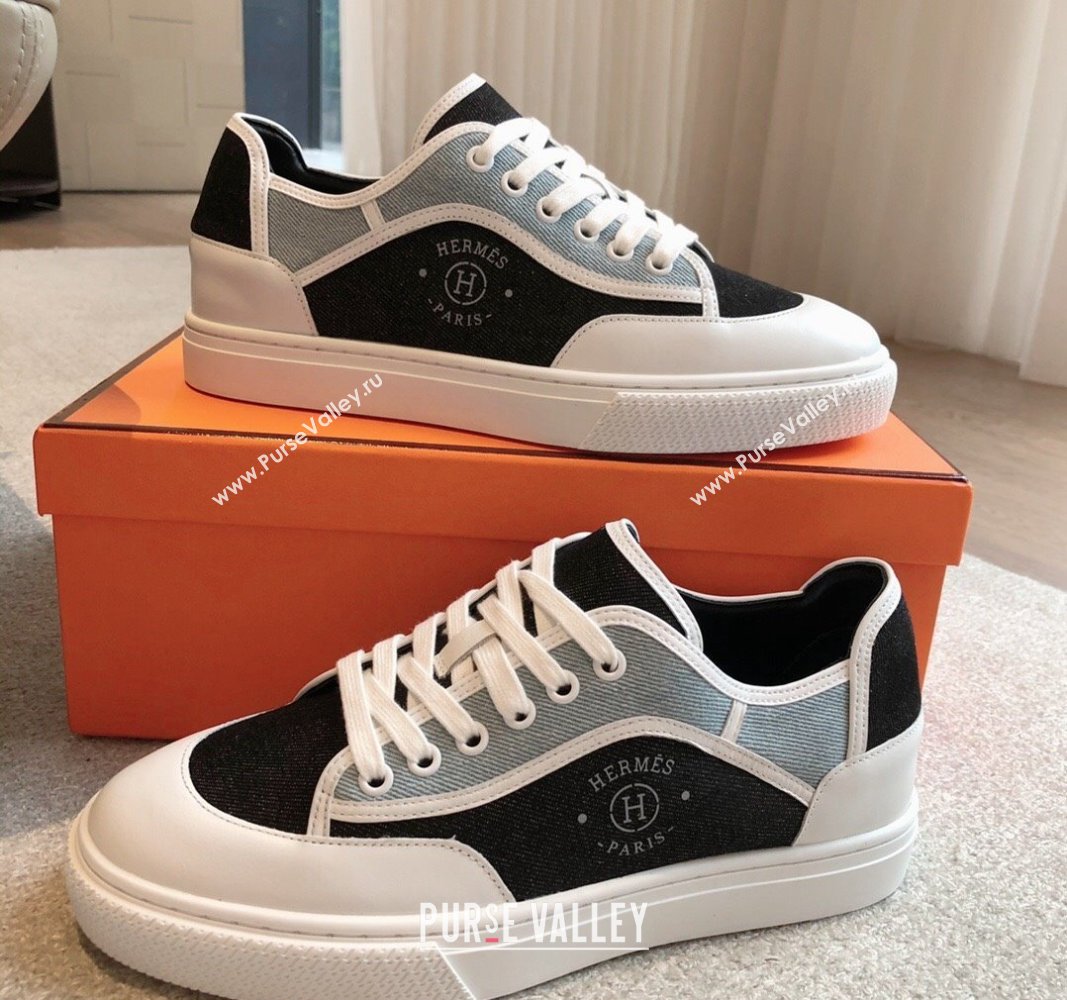 Hermes Get Low-top Sneakers in Denim and Calfskin Blue/Black 2024 0815 (XC-240815004)