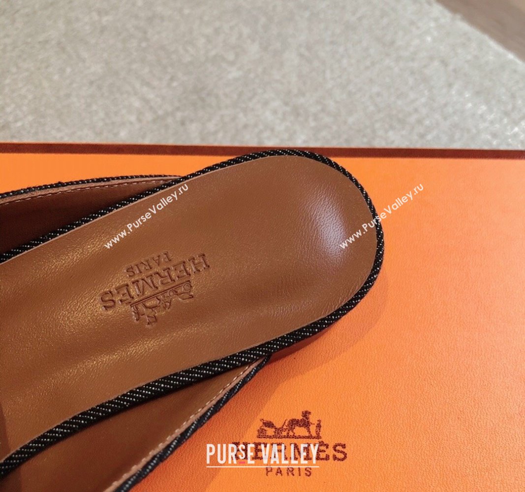 Hermes Oz Flat Mules in Denim Black/Brown 2024 0815 (XC-240815040)