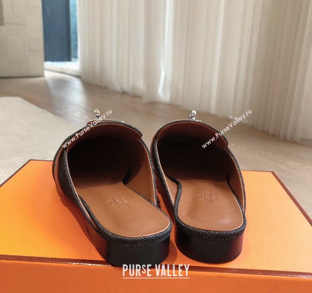 Hermes Oz Flat Mules in Denim Black/Brown 2024 0815 (XC-240815040)