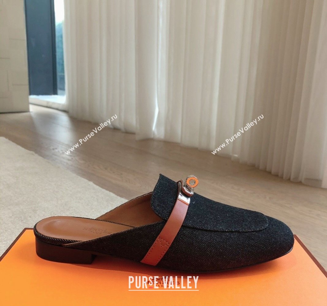 Hermes Oz Flat Mules in Denim Black/Brown 2024 0815 (XC-240815040)