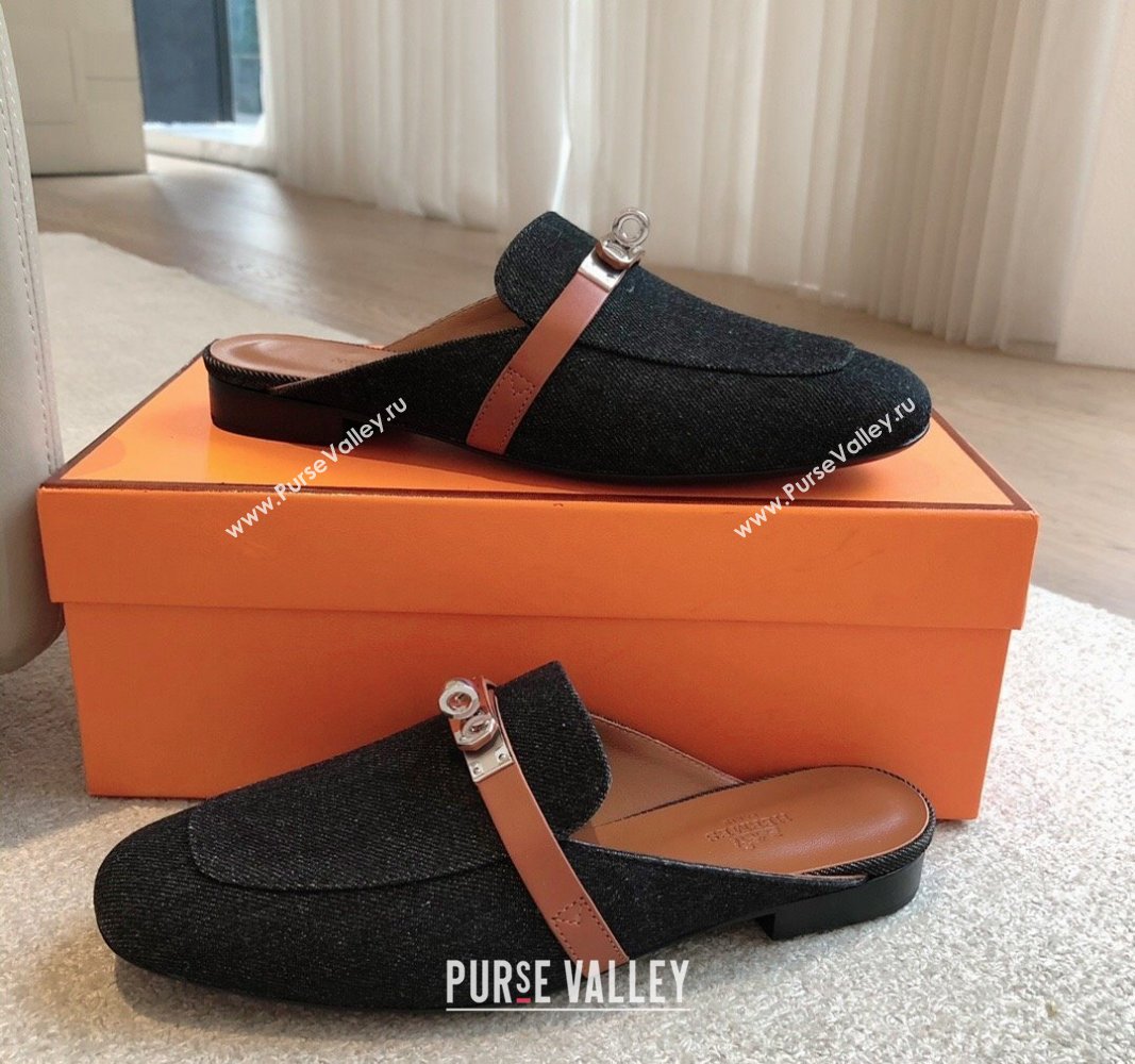 Hermes Oz Flat Mules in Denim Black/Brown 2024 0815 (XC-240815040)