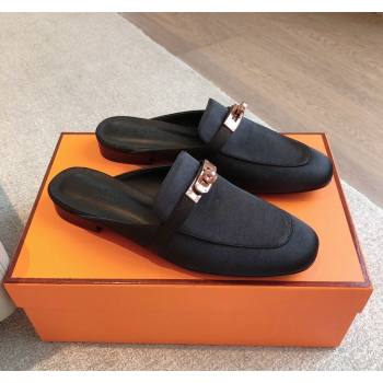 Hermes Oz Flat Mules in Satin Black 2024 0815 (XC-240815041)