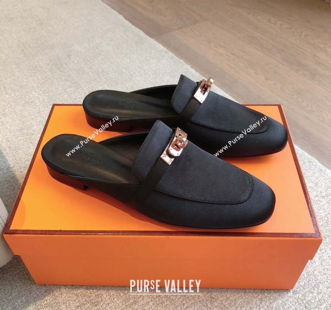 Hermes Oz Flat Mules in Satin Black 2024 0815 (XC-240815041)