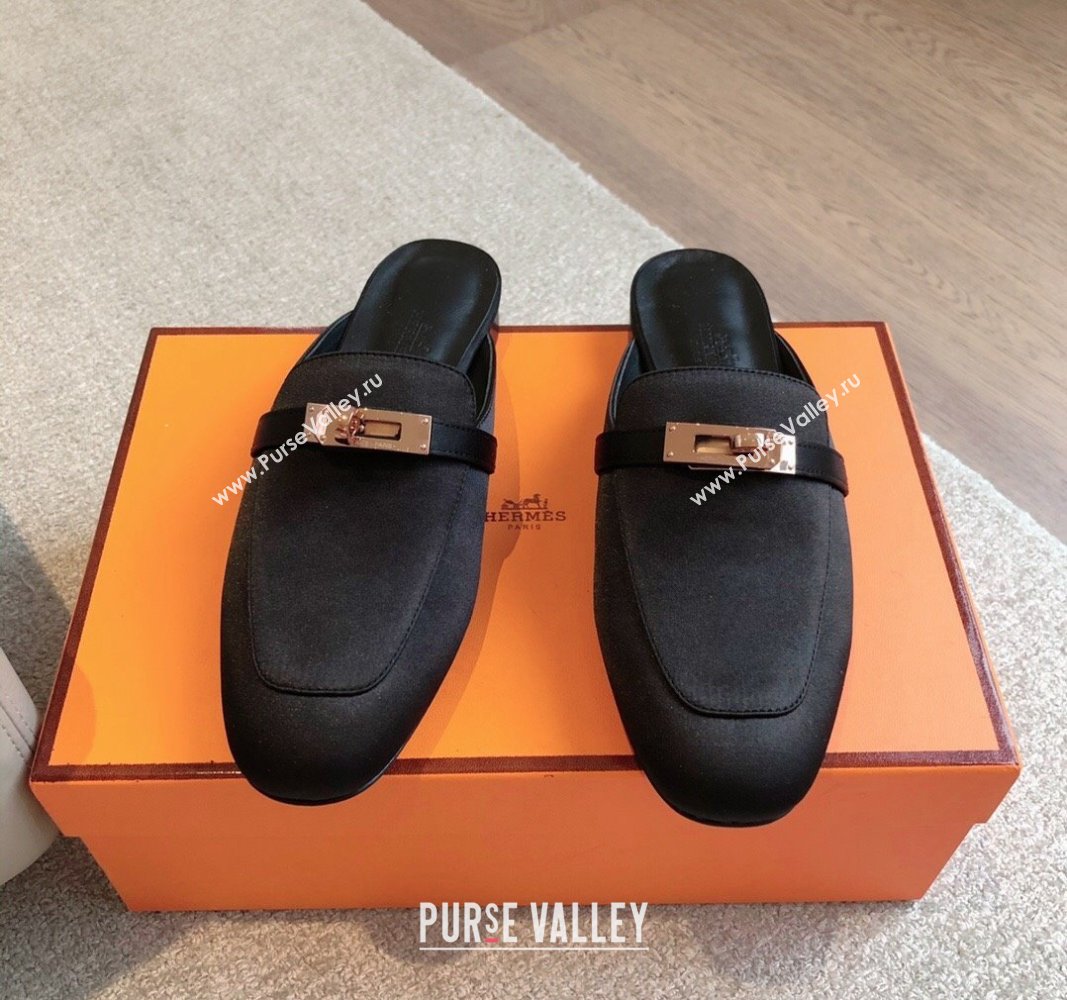 Hermes Oz Flat Mules in Satin Black 2024 0815 (XC-240815041)