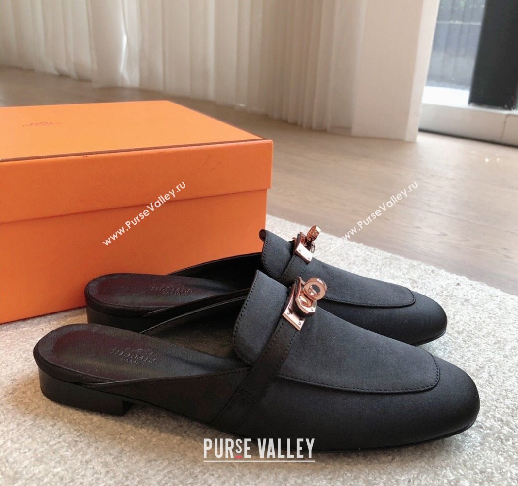 Hermes Oz Flat Mules in Satin Black 2024 0815 (XC-240815041)