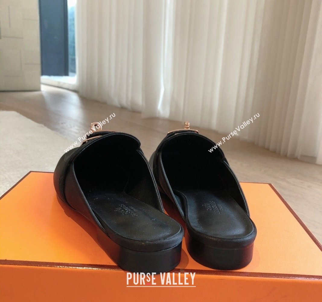 Hermes Oz Flat Mules in Satin Black 2024 0815 (XC-240815041)