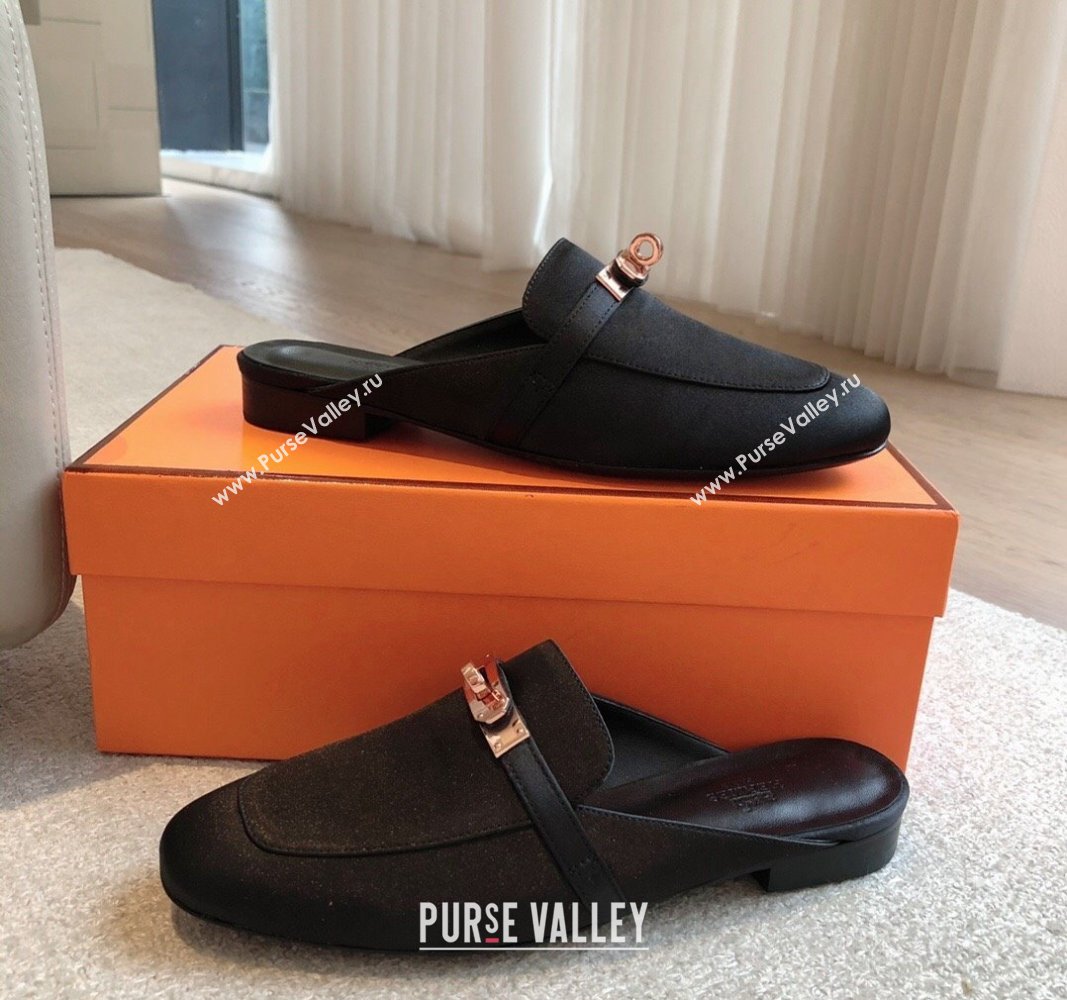 Hermes Oz Flat Mules in Satin Black 2024 0815 (XC-240815041)