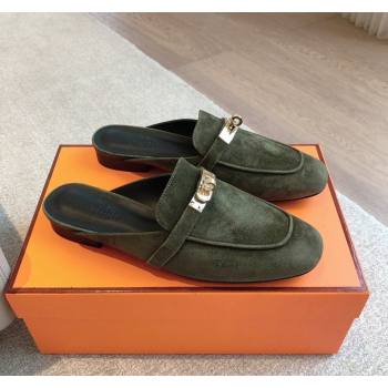 Hermes Oz Flat Mules in Suede Dark Green 2024 0815 (XC-240815043)