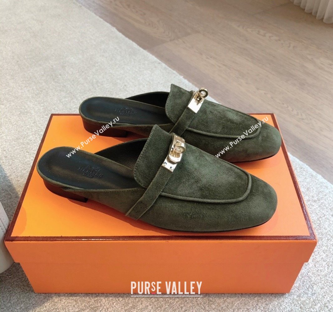 Hermes Oz Flat Mules in Suede Dark Green 2024 0815 (XC-240815043)